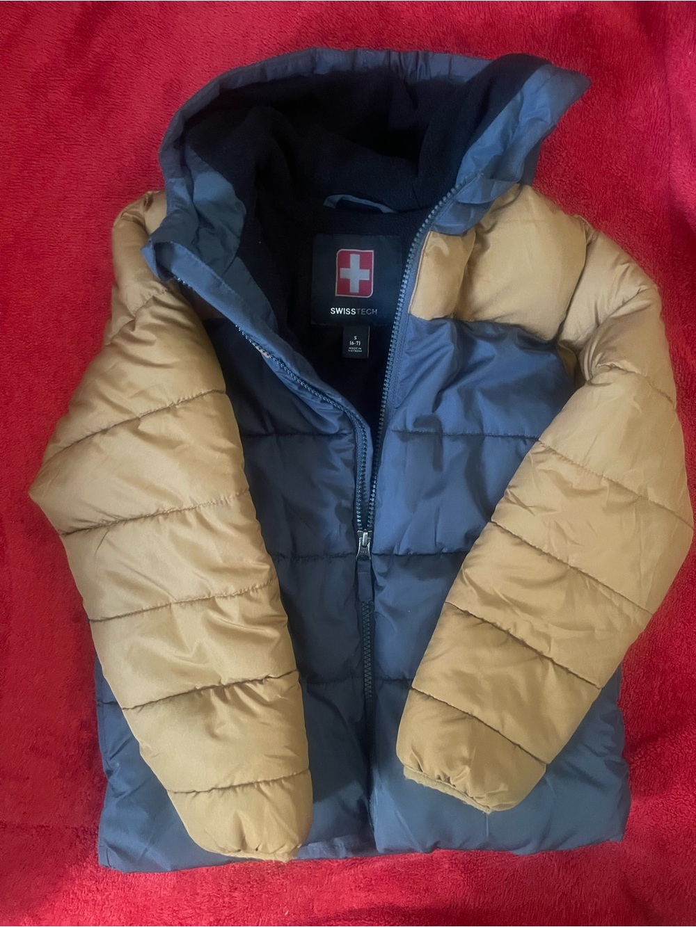 Swiss Tech Kids Puffer Jacket in Light Blue with Mustard Trim